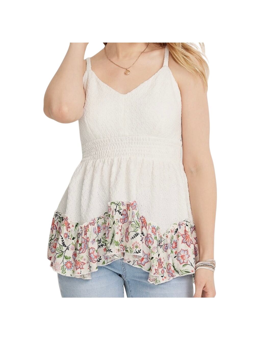 Maurices Floral Hem Smocked V-Neckline Peplum Cami Tank Blouse Top Size Large